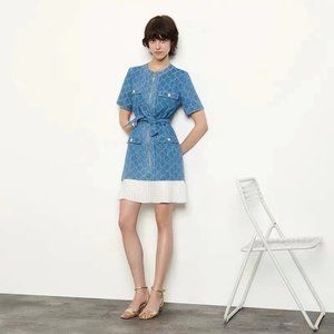 SANDRO Kayle Medallion Jacquard Ruffle Hem Denim Minidress In Blue T3